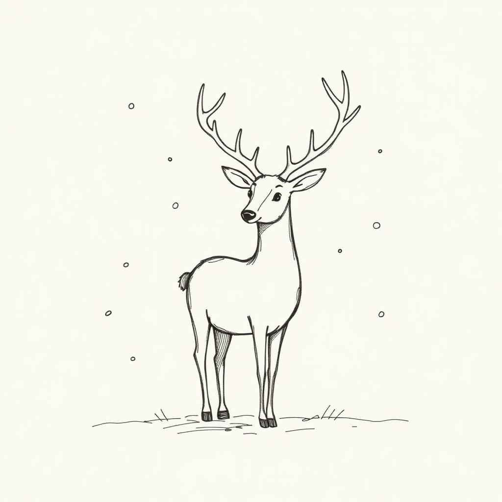 Pencil drawing of a stag with large antlers standing in falling snow