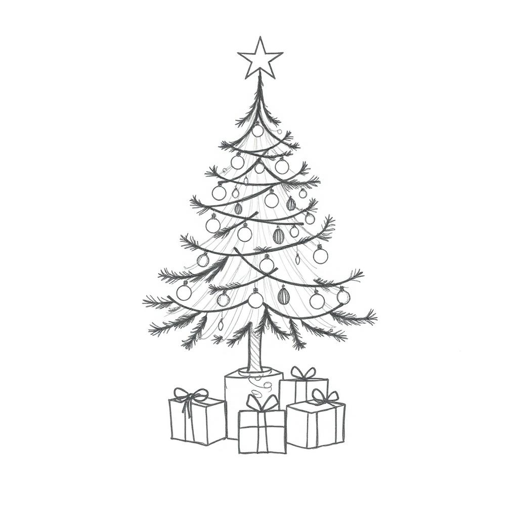 Pencil drawing of a decorated Christmas tree with presents underneath