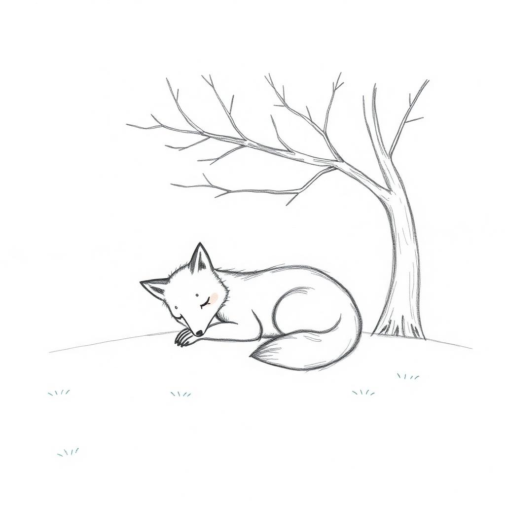 Pencil drawing of a fox curled up asleep under a bare tree