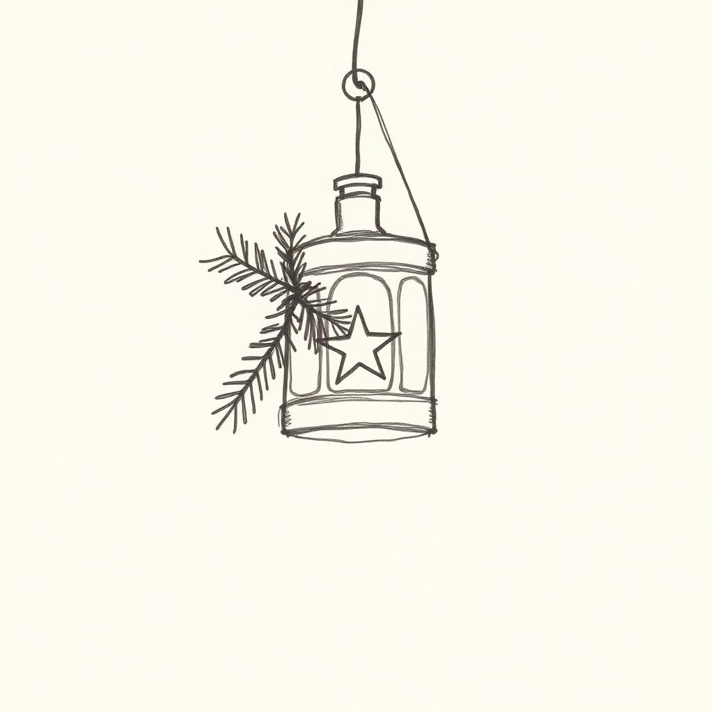 Pencil drawing of a hanging lantern with a pine sprig and a star